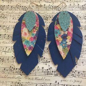 Blue leaf pattern faux leather earrings
